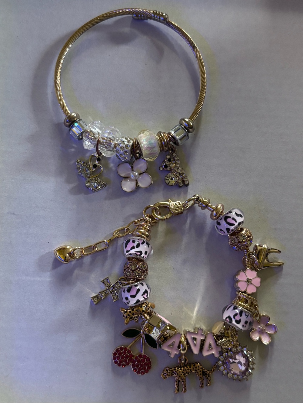 Gold-Tone Pink & White Charm Bracelet Set